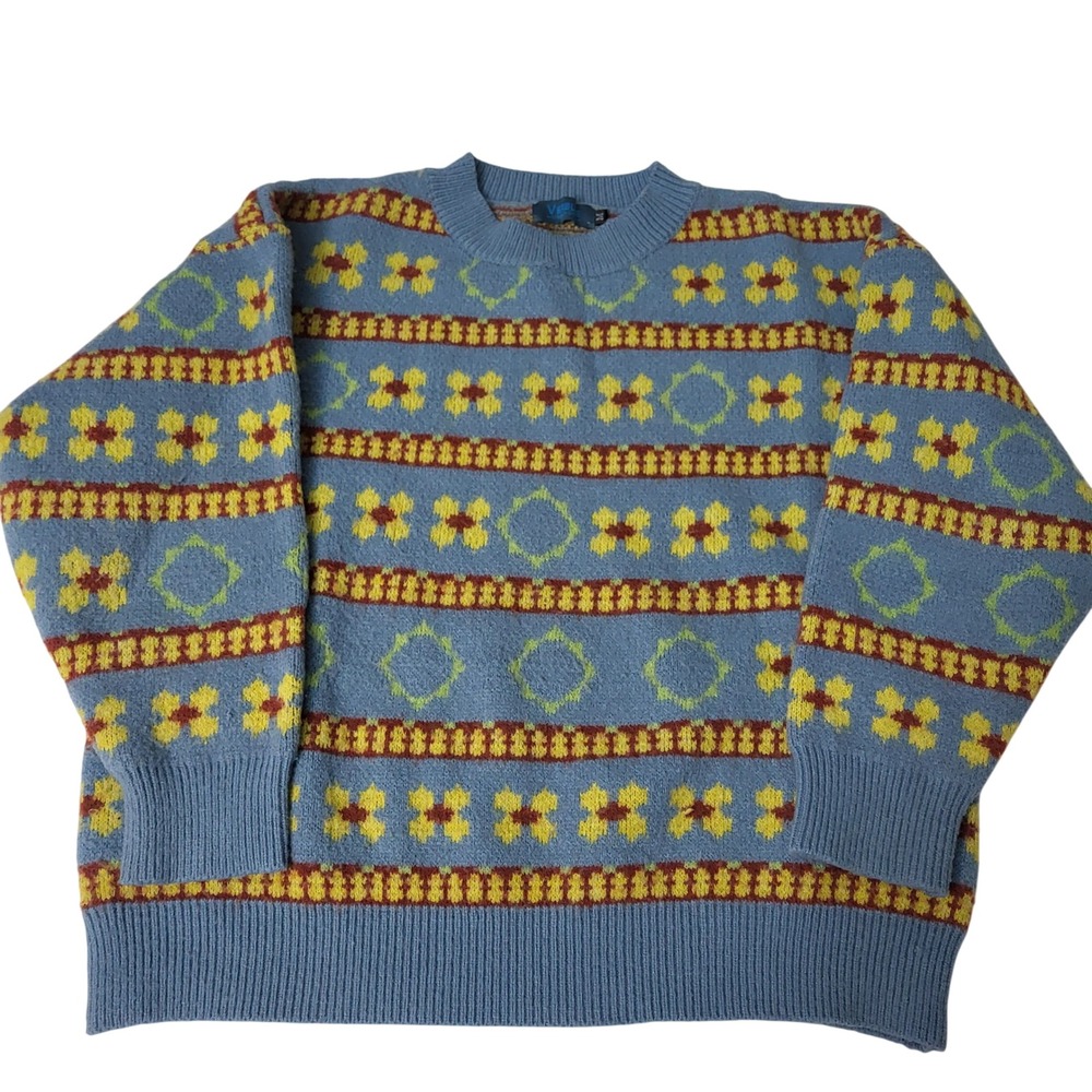 Verblee Heavy Knit Cottagecore Floral Sweater Blue Yellow Retro Folk Medium
